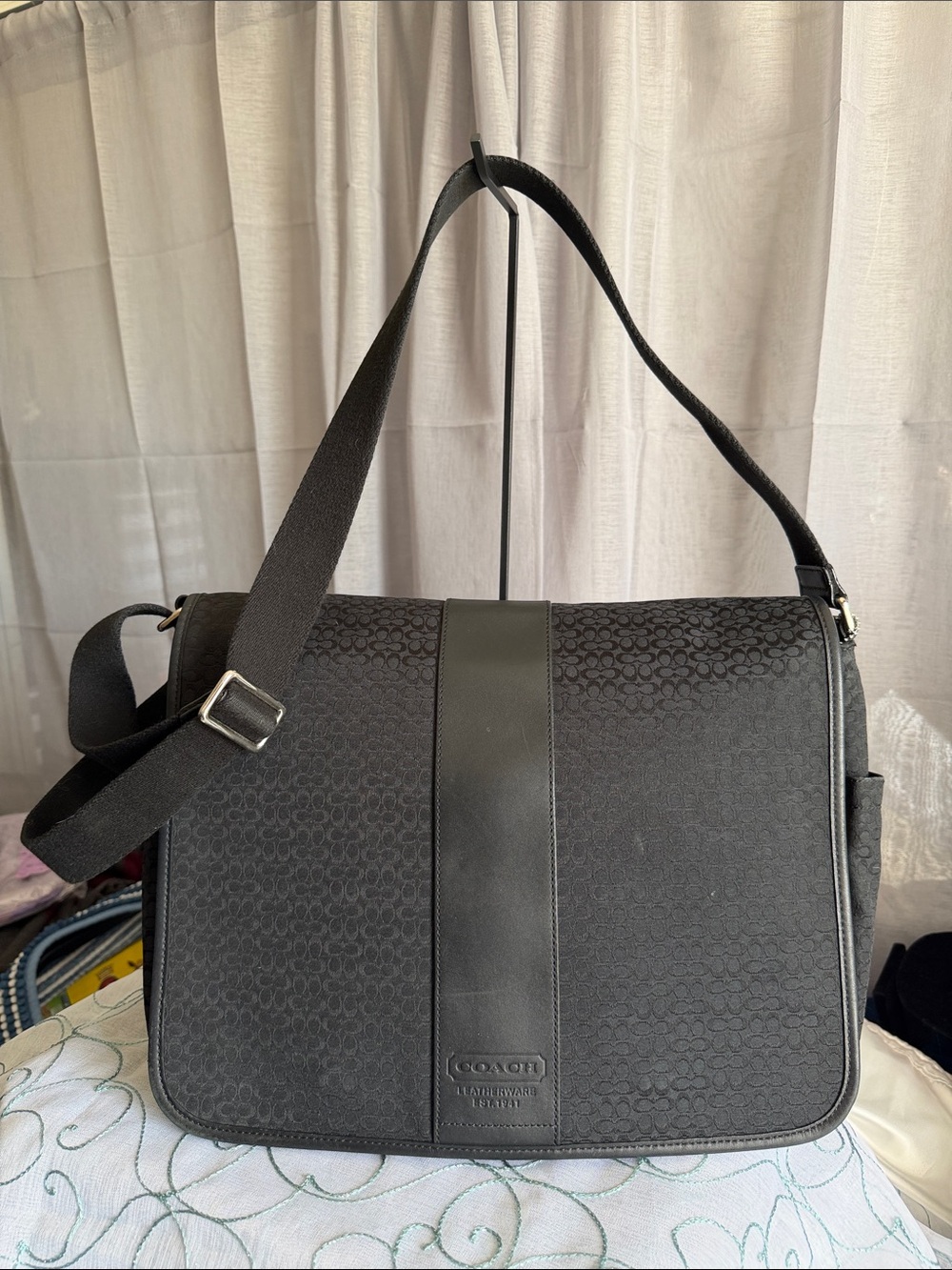 Coach Black Signature Canvas Messenger Bag with Leather Trim